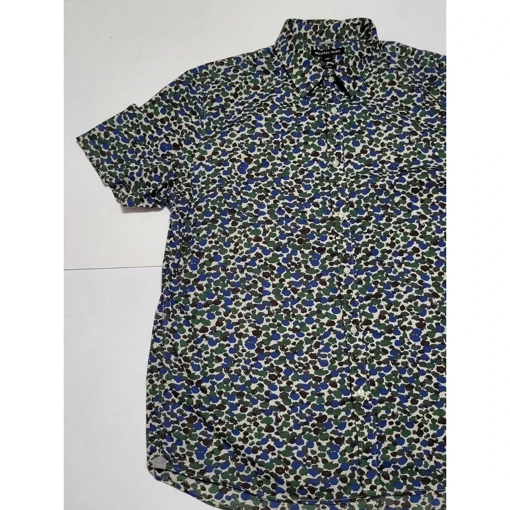 Michael Kors Blue Green Black Printed Short Sleeve Blouse